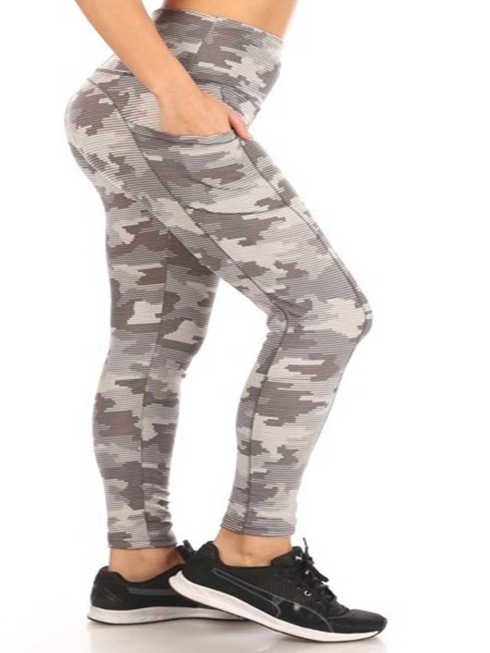 Women Sculpting Tummy Control High Waist Yoga Leggings w/Pockets Gray Camo Small